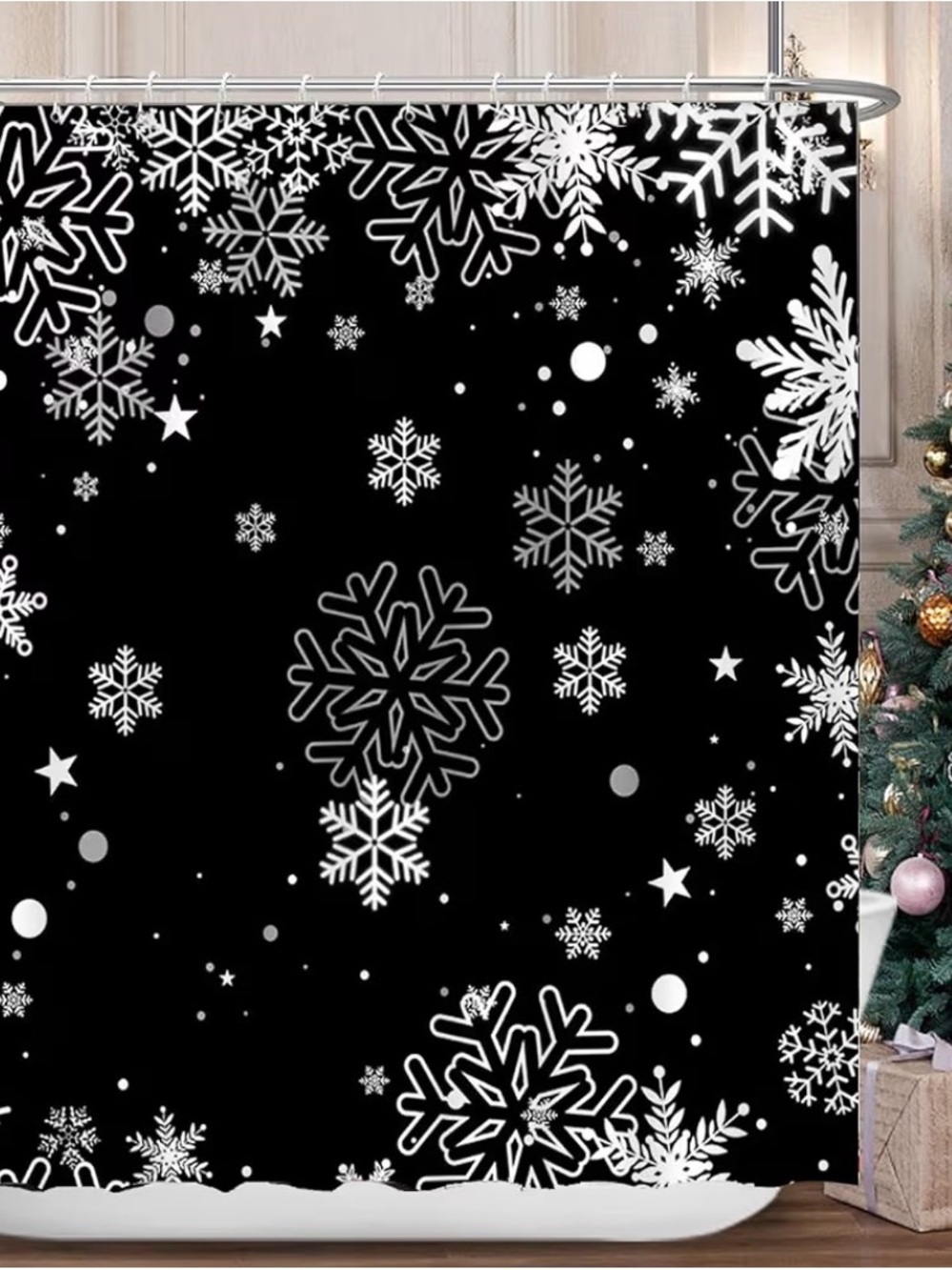 Amazon Black Shower Curtain with White Snowflake Pattern x3